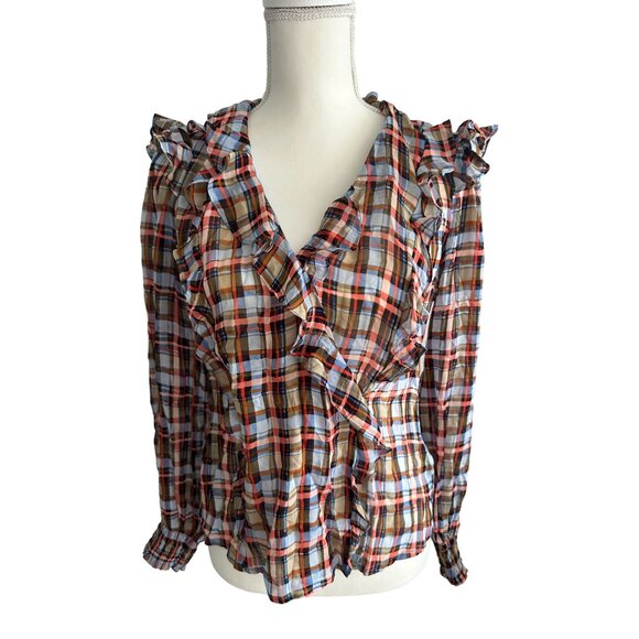 MAEVE Plaid Ruffle Anthropologie Blouse Top Size 4 - Picture 3 of 6